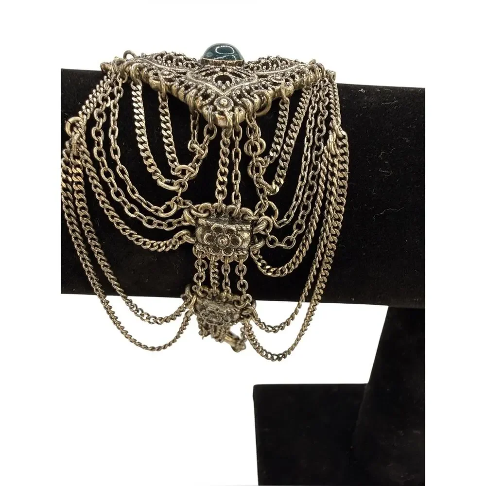 Lucky Brand Vintage Silver Filigree Flower Cuff Bracelet with Teal Cabochon
